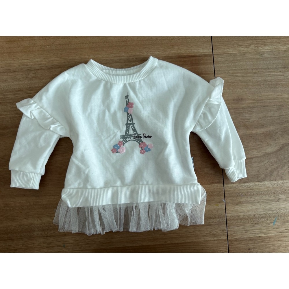 Badgley Mischka Kids Eiffel Tower Floral Ruffle Tulle Sweatshirt White 9-12M